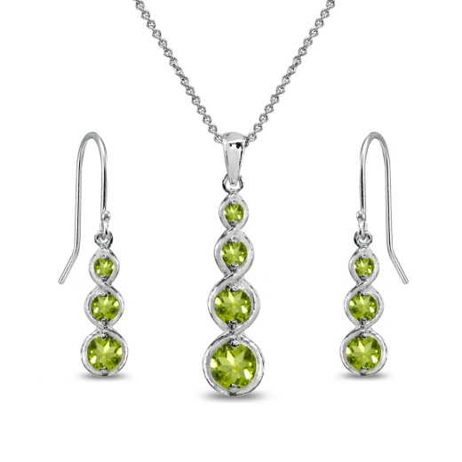 Sterling Silver Peridot Round Three Stone Journey Infinity Dangle Earrings & Pendant Necklace Set