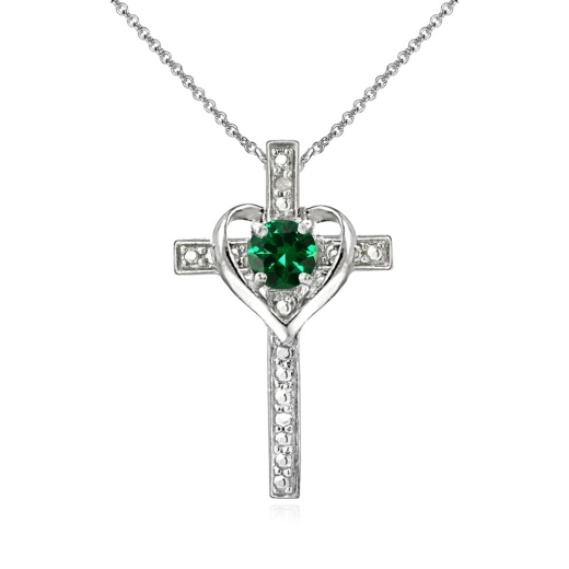 Sterling Silver Created Emerald Cross Heart Pendant Necklace for Girls, Teens, or Women