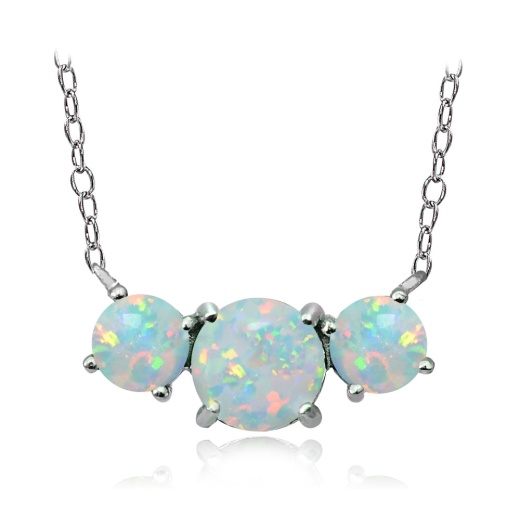 Sterling Silver Created White Opal Three Stone Necklace