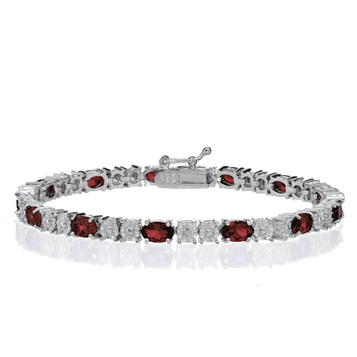 Sterling Silver 6.5Ct African Garnet and Diamond Accent Oval Tennis Bracelet