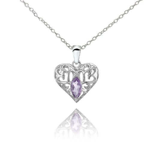 Sterling Silver Amethyst Marquise Filigree Heart Necklace - Silverspeck