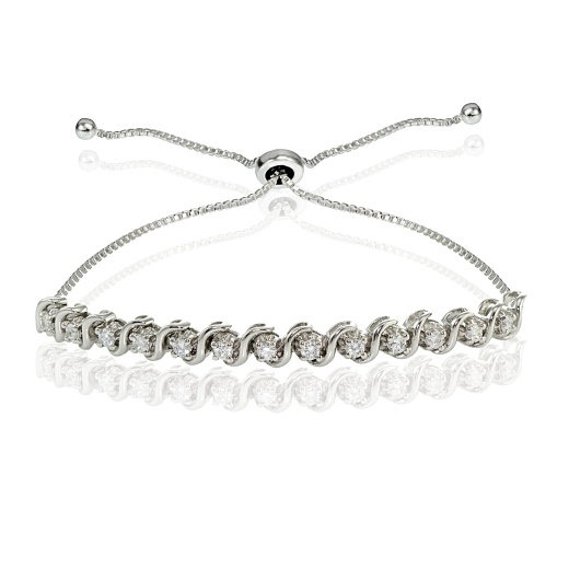 Sterling Silver Cubic Zirconia 2Mm Round-Cut S Design Adjustable Bracelet