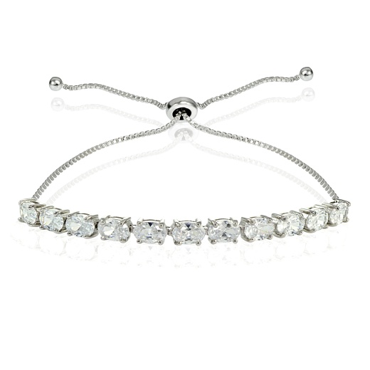 Sterling Silver Cubic Zirconia 6X4mm Oval-Cut Adjustable Bracelet