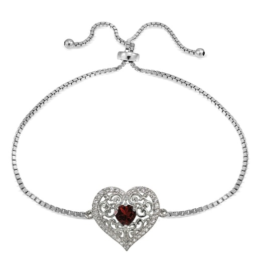 Sterling Silver Garnet and White Topaz Filigree Heart Adjustable Bracelet