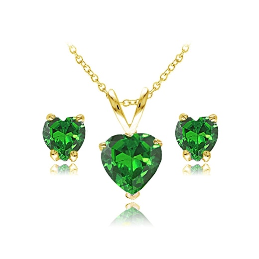 Yellow Gold Flashed Sterling Silver Simulated Emerald Heart Solitaire Necklace And Stud Earrings Set