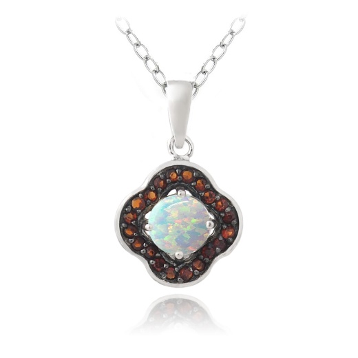 Sterling Silver Garnet & Created White Opal Flower Necklace
