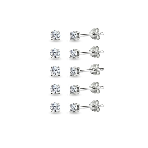 5-Pair Set Sterling Silver Cubic Zirconia 3Mm Round Stud Earrings by Silverspeck