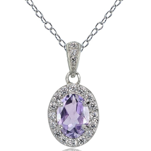 Sterling Silver Amethyst and White Topaz Oval Halo Necklace - Silverspeck