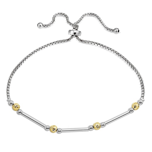 Two-Tone Yellow Gold Flashed Sterling Silver Polished Bar Diamond-Cut Beads Adjustable Chain Bolo Bracelet