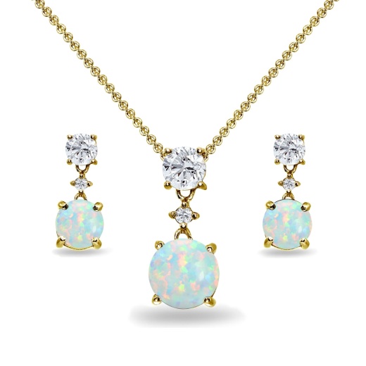 Yellow Gold Flashed Sterling Silver Created White Opal & Topaz Round Three Stone Dangling Necklace & Stud Earrings Set