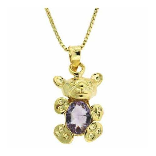 18K Gold Over Sterling Silver 1.05Ct Amethyst Teddy Bear Necklace