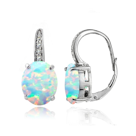 Sterling Silver Created White Opal & White Topaz Oval Leverback Earrings