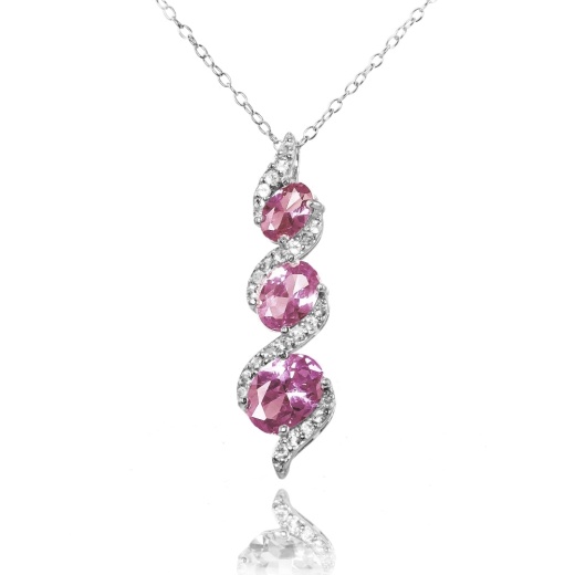 Sterling Silver Created Alexandrite and Cubic Zirconia Oval S Design Three-Stone Journey Necklace