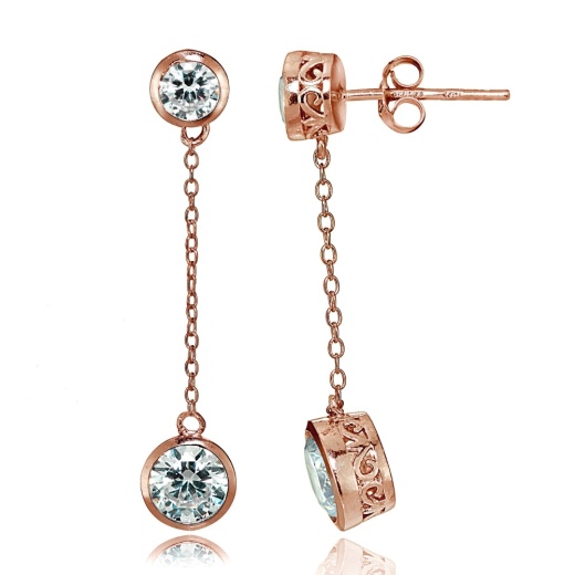 Rose Gold Tone Over Sterling Silver Cubic Zirconia Bezel-Set Dangling Earrings