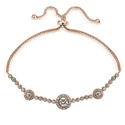Rose Gold Tone Over Sterling Silver Cubic Zirconia 3-Stone Halo Adjustable Bracelet