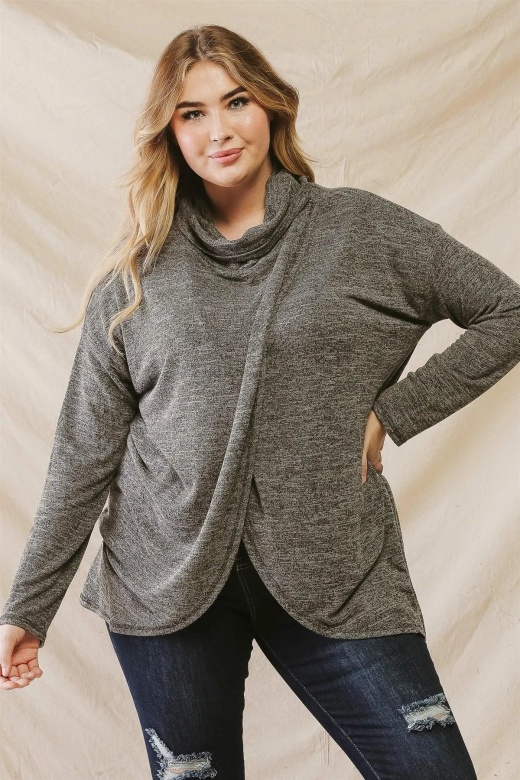 Junior Plus Black Turtle Neck Wrap Hem Long Sleeve Top