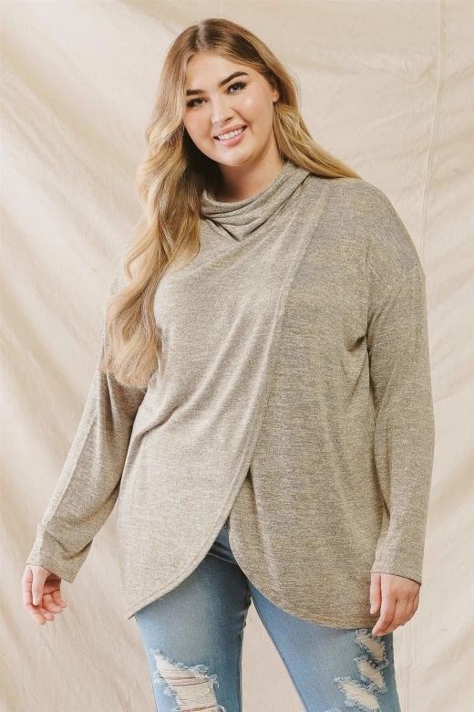 Junior Plus Taupe Turtle Neck Wrap Hem Long Sleeve Top