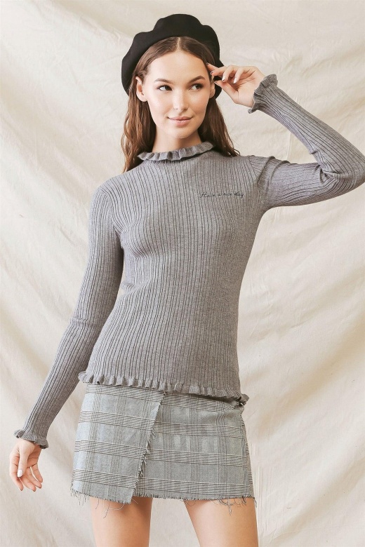 Mjc Collection Heather Grey Ribbed 'Have A Nice Day' Print Ruffle Detail Top