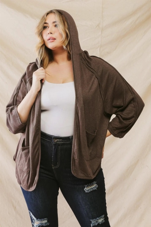 Junior Plus Charcoal Inside-Out Detail Two Pocket Hooded Open Front Cardigan