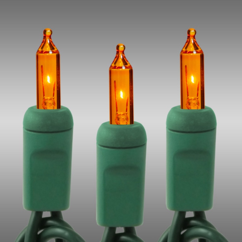 50 Ft. - Green Wire - Christmas Mini Light String - (100) Amber-Orange Bulbs - 6 In. Bulb Spacing