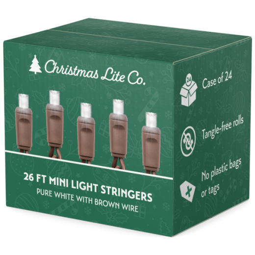 26 Ft. Led Mini Lights - (50) Pure White 5Mm Bulbs - 6 In. Bulb Spacing - Brown Wire - Case Of 24