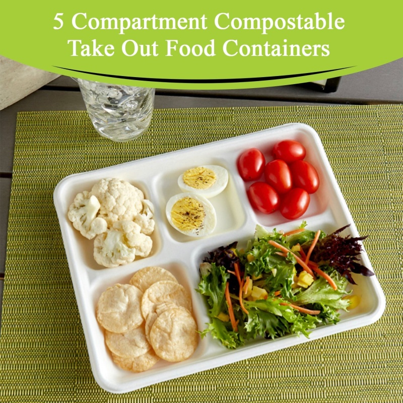 Three Leaf 5 Compartment Bagasse (School) Tray 500 Ct. (10 Packs Of 50), 500 / Units Per Case