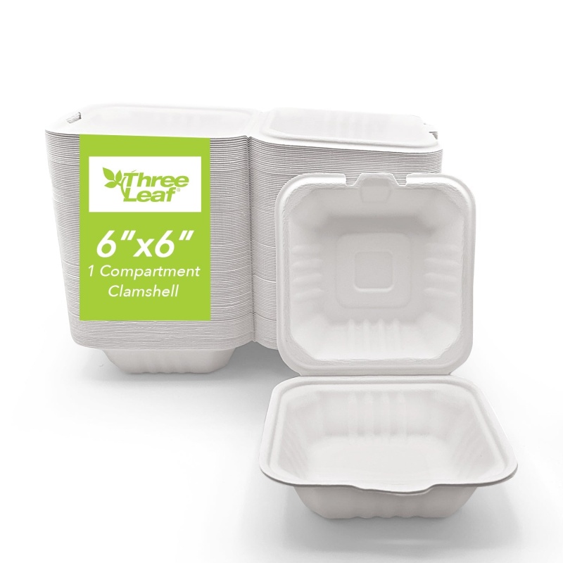Three Leaf 6" X 6" Bagasse Burger Box (450Ml), 500 Ct. (10 Packs Of 50), 500 / Units Per Case