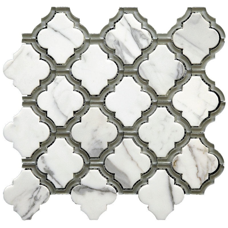 Skalini Line Waterjet Bianco Carrara / Murano Silver Stone & Glass Mosaic - Trellis 5 - Polished