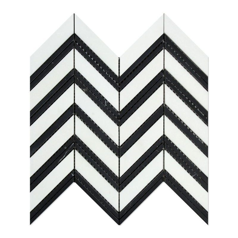 Thassos White Marble Mosaic - Large Chevron With Black