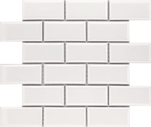 Cc Mosaics+ White Ice Porcelain Mosaic - 2" X 4" Brick Beveled - Glossy