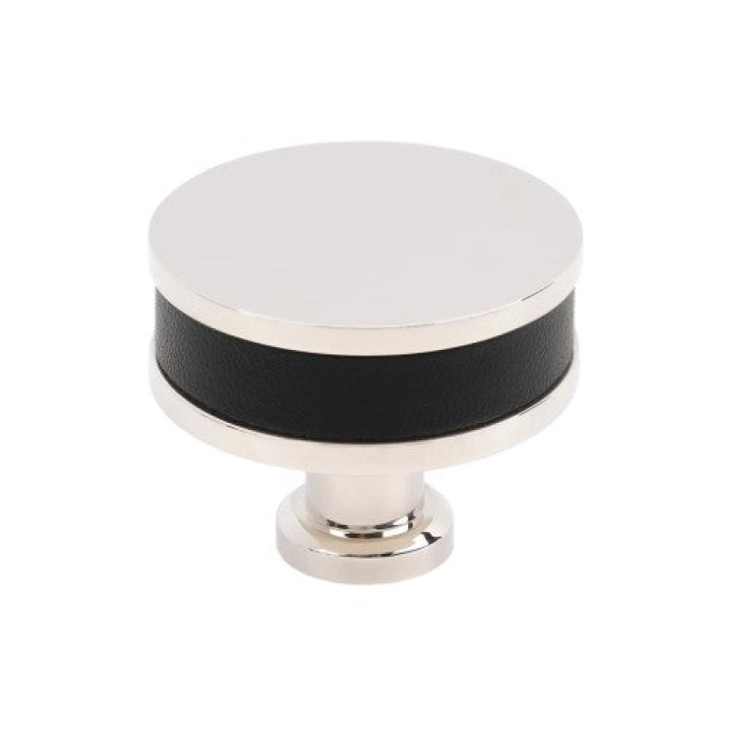 Fairlane Zinc & Leather Cabinet Knob - Black Leather / Polished Nickel
