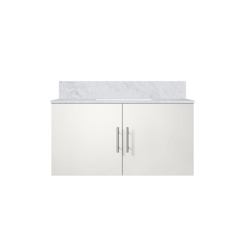 Geneva Glossy White Wood Wall Mounted Single Sink Bathroom Vanity With Carrara Marble Top - 36" - Glossy White