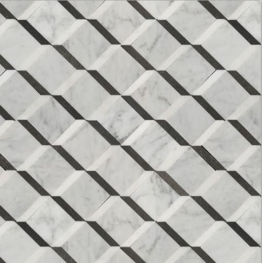 Luxe White Carrara With Basalt Black & Thassos Inserts Marble Mosaic - Florentine - Polished
