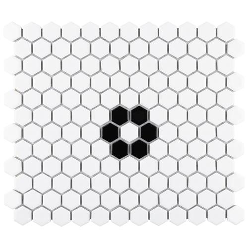 Metro White Single Flower Porcelain Mosaic - 1" Hexagon - Glossy
