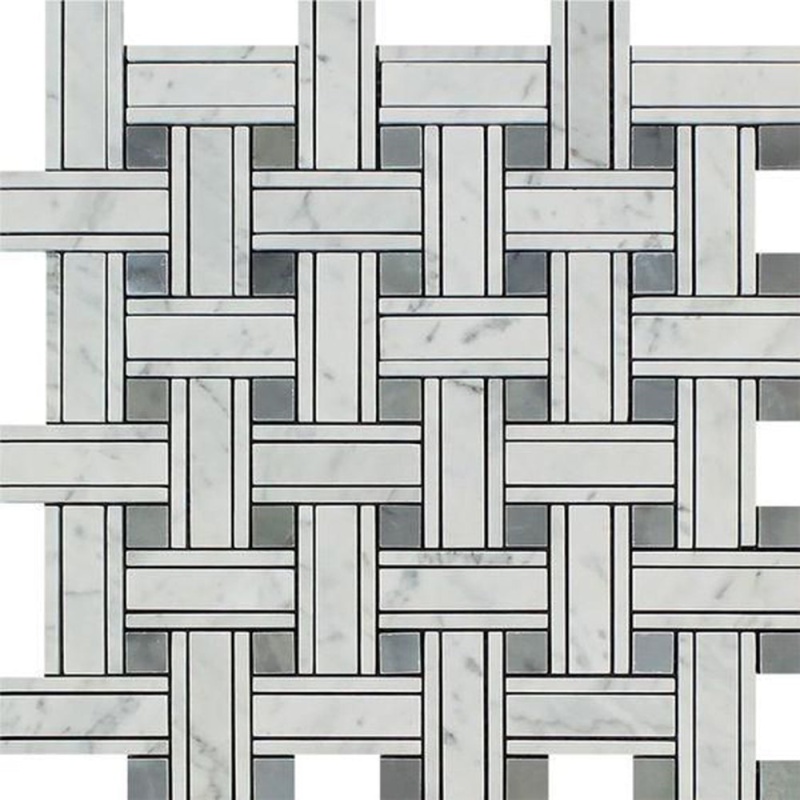 White Carrara Marble Mosaic - Triple Weave With Blue/Gray