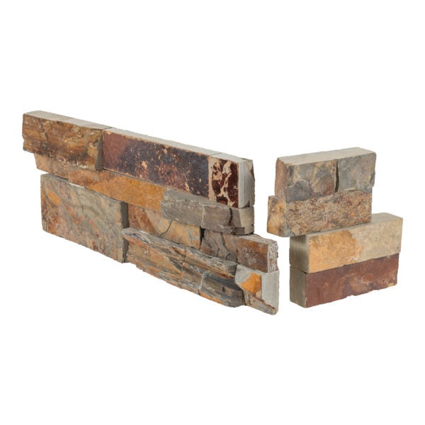 China Multi Color Slate Ledgestone Corner - Natural Cleft Face, Gauged Back - 6" X 6" & 6" X 18"