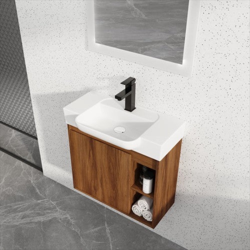 Brown Plywood Wall Mounted Single Sink Bathroom Vanity