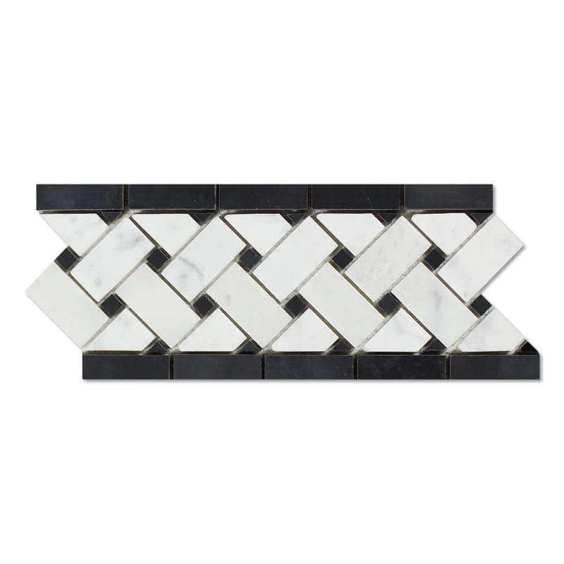 White Carrara Marble Border - 4 3/4" X 12" Basket Weave Border With Black Dots