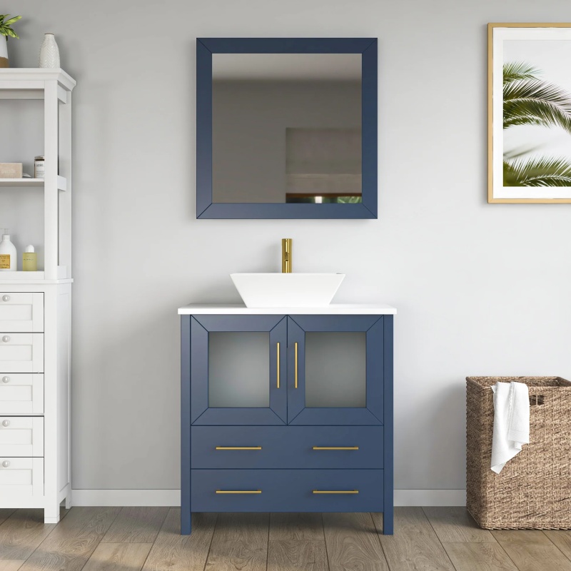 Cvc Blue Solid Wood Bathroom Cabinet - 30" X 18.5" X 36" - Blue