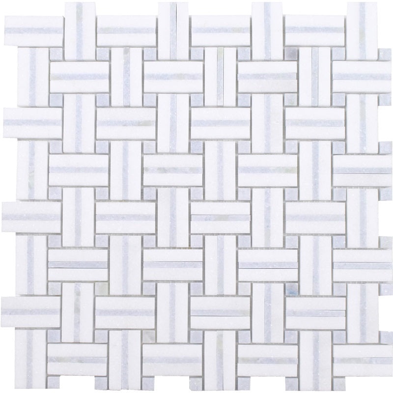 Sliced Basket Weave Blu Celeste Thassos Natural Stone Mosaic - Basket Weave - Polished