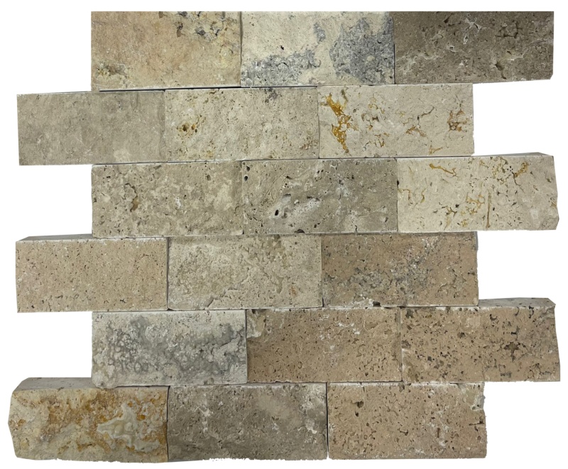 Ivory Rustic Travertine Mosaic - 2" X 4" Brick - Split Face