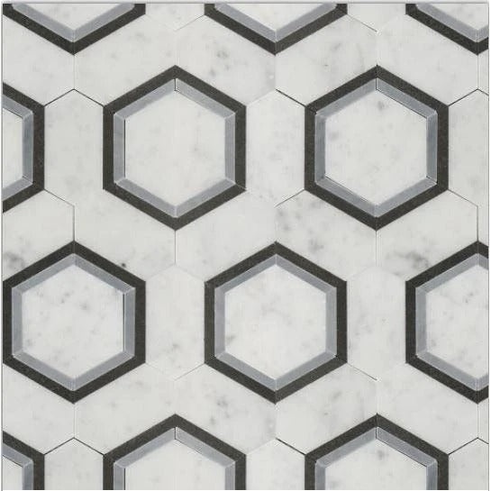 Luxe White Carrara With Azul Imperial & Black Basalt Border Marble Mosaic - Infinity Hexagon - Polished