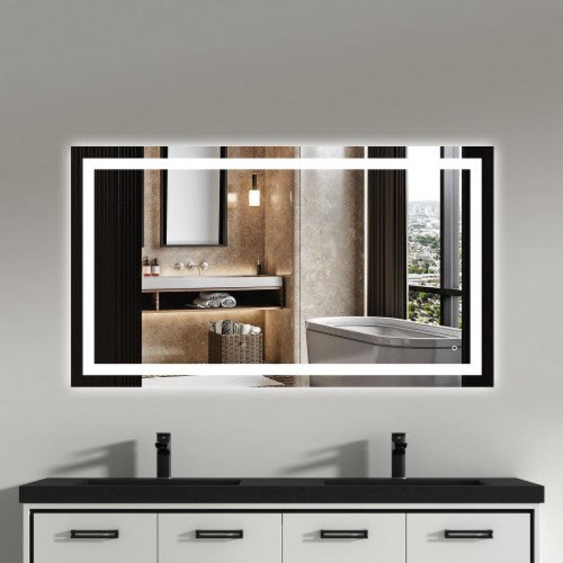 Black Aluminum & Glass Framed Wall Bathroom Mirror - 54" X 31" - Black Aluminum