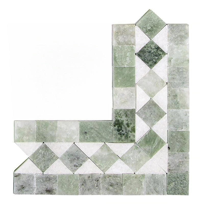 Thassos White Marble Border - Bias Border Corner With Ming Green Dots