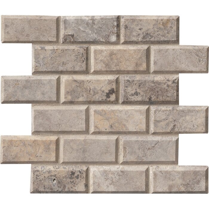 Silver Travertine Mosaic - 2" X 4" Beveled Brick - Honed