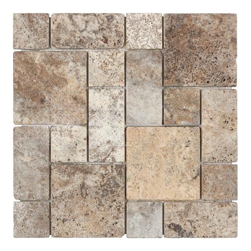Titanium Cross Cut Travertine Mosaic - 3 Piece Mini Pattern - Tumbled