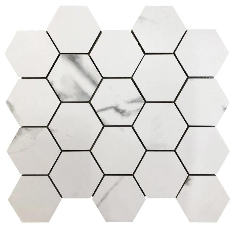 Calacatta White & Grey Porcelain Mosaic - 3" X 3" Hexagon - Matte