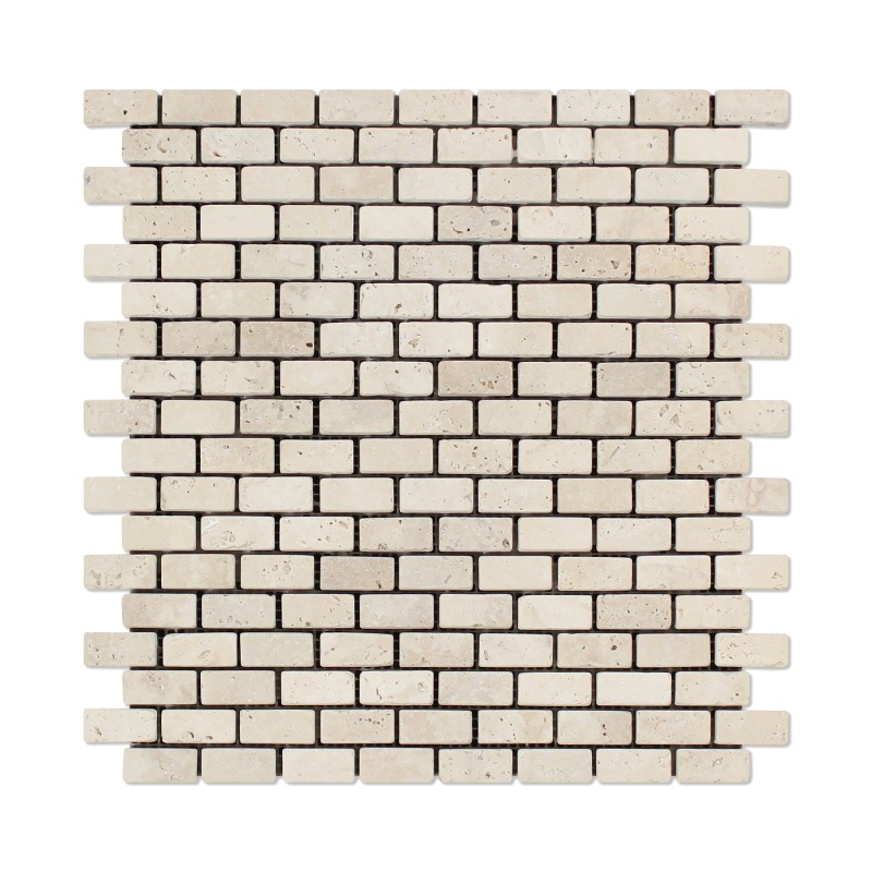 Ivory Cross Cut Travertine Mosaic - 5/8" X 1 1/4" Baby Brick - Tumbled