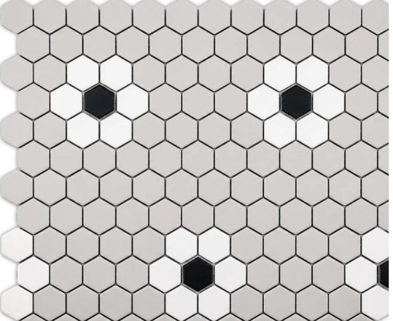 Flower White & Black With Black Dot Porcelain Mosaic - 10.92" X 10.92" - Matte