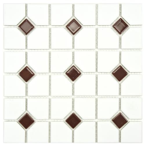 Oxford White With Maroon Dot Porcelain Mosaic - 11 1/2" X 11 1/2" - Matte